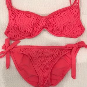 Neon coral pink swimsuit bikini fits D cup